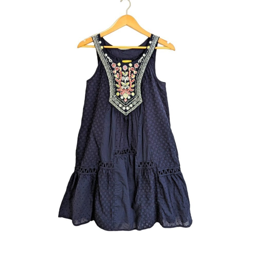 Anthropologie (Maeve) Tisa Boho Embroidered Swing Dress Navy‎ Blue Size 4 - Picture 2 of 5